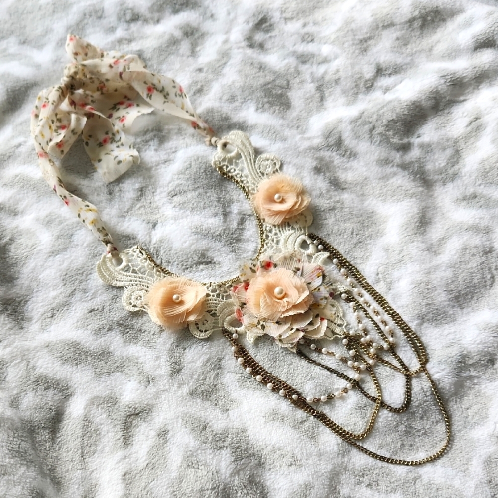 Floral Lace Necklace with Gold Chains